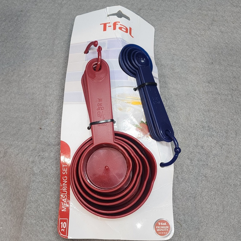 T-fal Measuring Set Red Blue 10 Piece Cups and Spoons Plastic Kitchen New